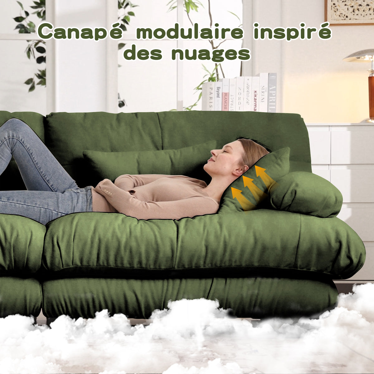 Sofá angular modular de 4 plazas con asiento profundo, sofá cama de chenille, cómodamente revestido para salón, apartamento, estudio, oficina, chenille verde