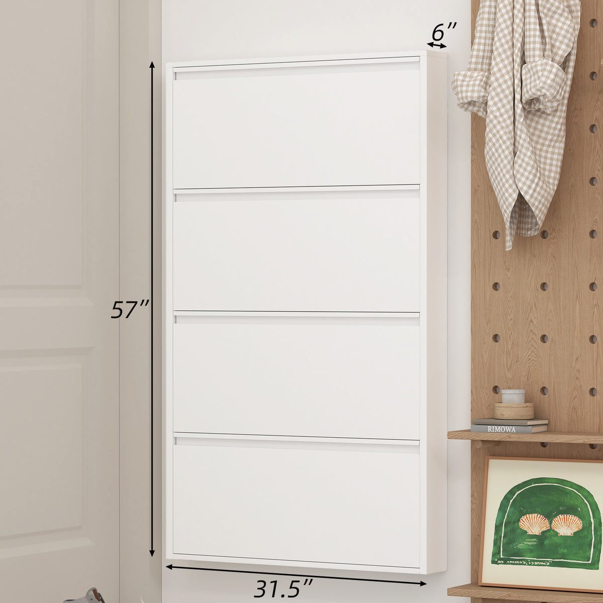 Gabinet de calzado de metal con 4 cajones volteables, organizador de calzado para la pared, estante oculto estrecho para el vestíbulo, blanco