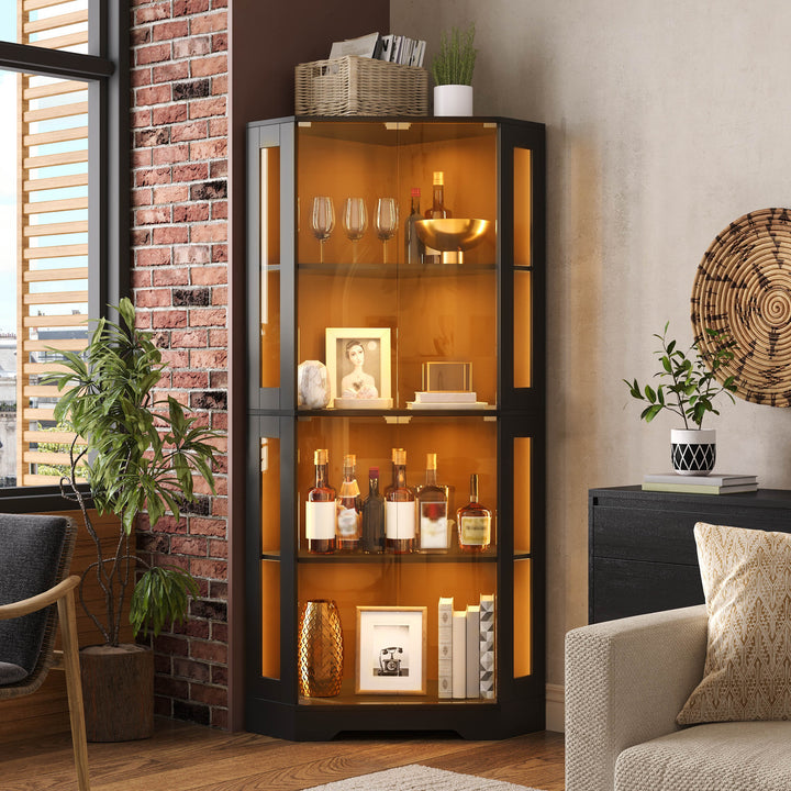 Armario vitrina de 165 cm con LED, armario lateral de cristal de seguridad de 4 niveles, moderno armario de vinos para figuras, coleccionables y vinos, para cocina y comedor
