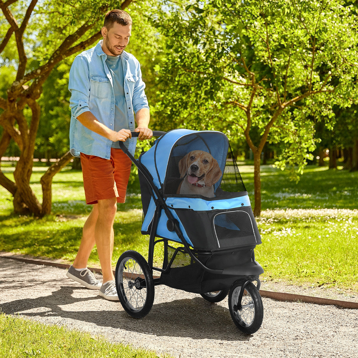 Hundebuggy, carro para perros con reflectores, plegable, cesto de almacenamiento, protección solar, ventanas de red, Oxford, azul