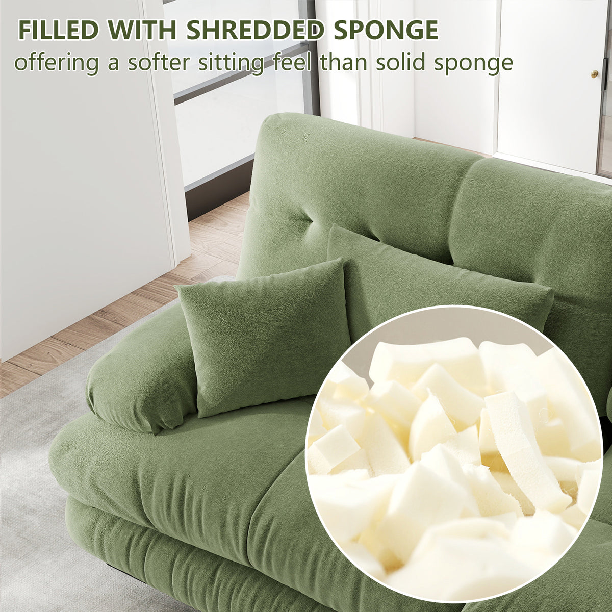 Sofá angular modular de 4 plazas con asiento profundo, sofá cama de chenille, cómodamente revestido para salón, apartamento, estudio, oficina, chenille verde