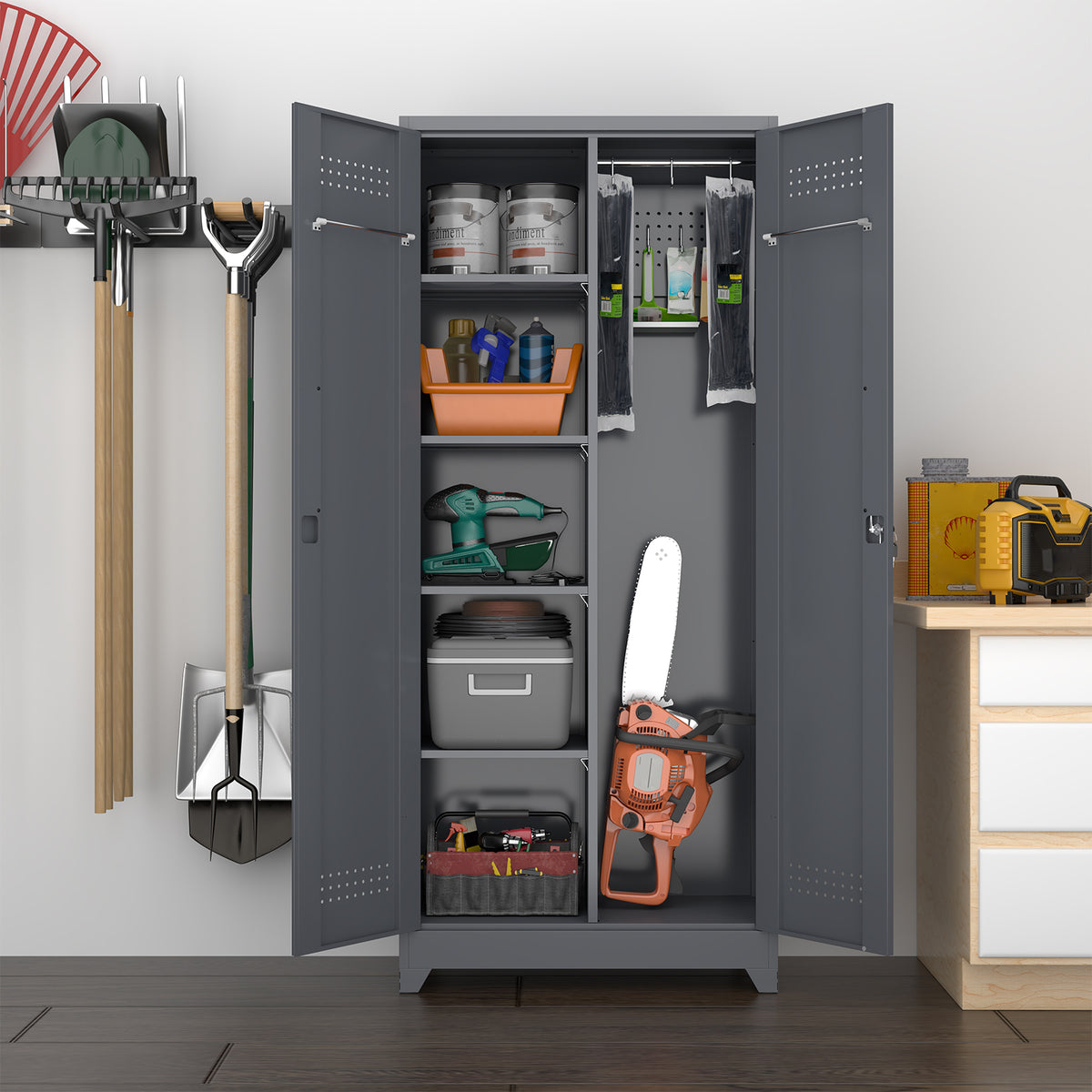 Gabinet de almacenamiento para escobas con puertas con cerradura y estantes, gabinete de almacenamiento metálico de 65" de alto con varilla de colgado y anzuelos S, gabinete de almacenamiento de herramientas de limpieza