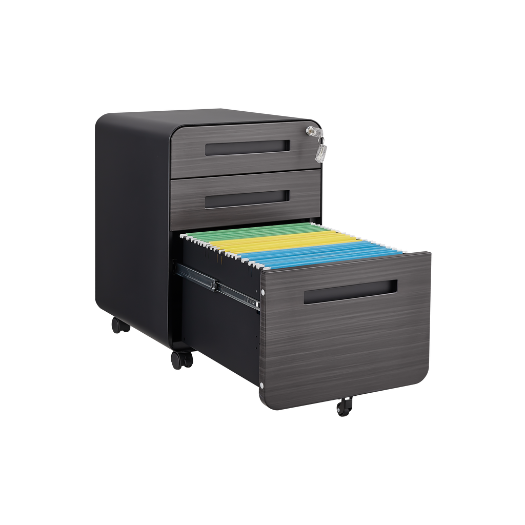 Caja de archivos móvil de 3 cajones para debajo de la mesa de oficina, negra. Almacenamiento moderno y versátil para archivos legales/cartas/A4, diseño anti-derrumbe con 5 ruedas, acero laminado frío, resistente al agua y a la humedad