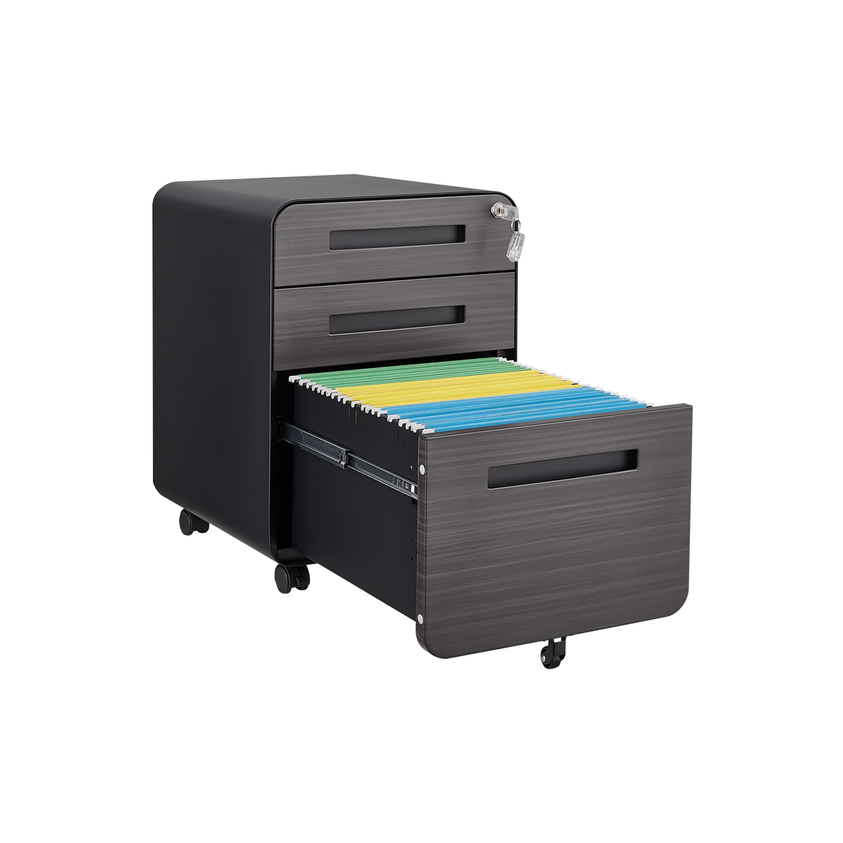 Caja de archivos móvil de 3 cajones para debajo de la mesa de oficina, negra. Almacenamiento moderno y versátil para archivos legales/cartas/A4, diseño anti-derrumbe con 5 ruedas, acero laminado frío, resistente al agua y a la humedad