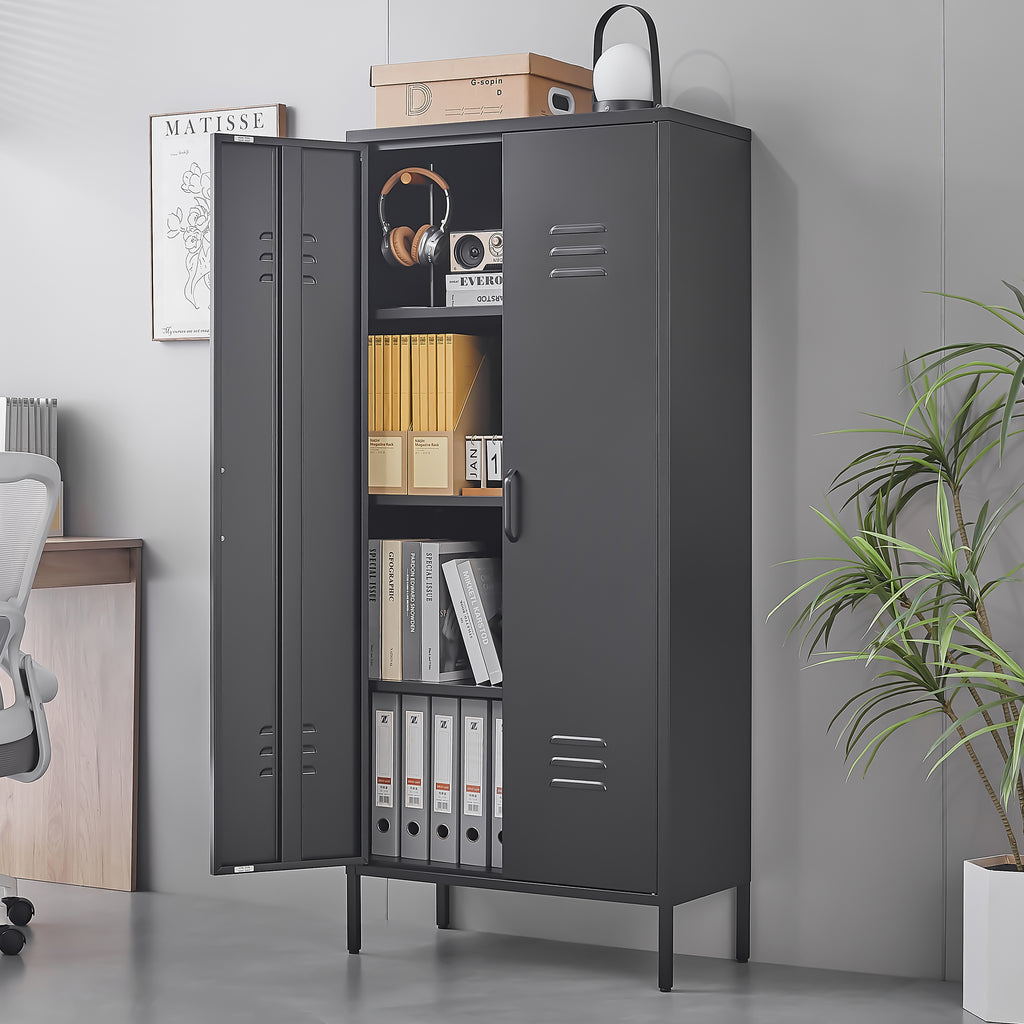 Gabinet de almacenamiento metálico alto negro con 2 puertas y estantes ajustables, gabinete multifuncional para oficina, cuarto de utilidades y garaje