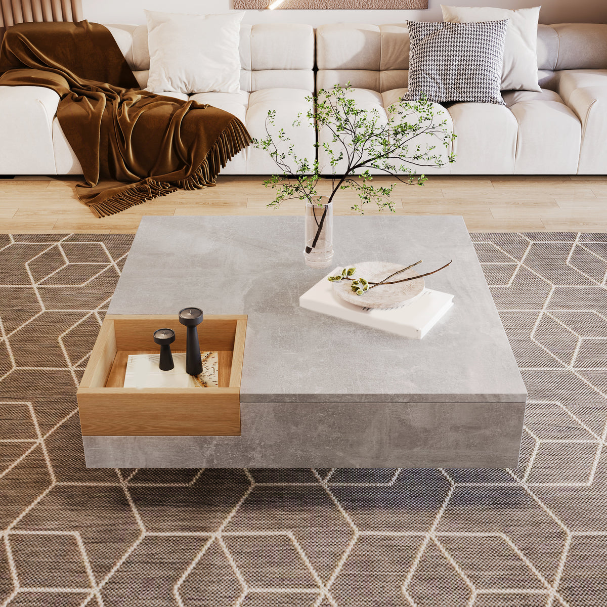 Mesita de centro para el salón, mesita lateral con caja de almacenamiento desmontable, color gris betón y color madera, 72*72*30 cm.