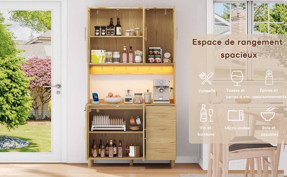 Antecabina de cocina de 183 cm, bufet, luces de decoración LED controladas por app, 2 x USB, 2 x enchufes, tableros de empotramiento ajustables, 3 cajones, asas de metal doradas, ideal para cocinas y comedores.