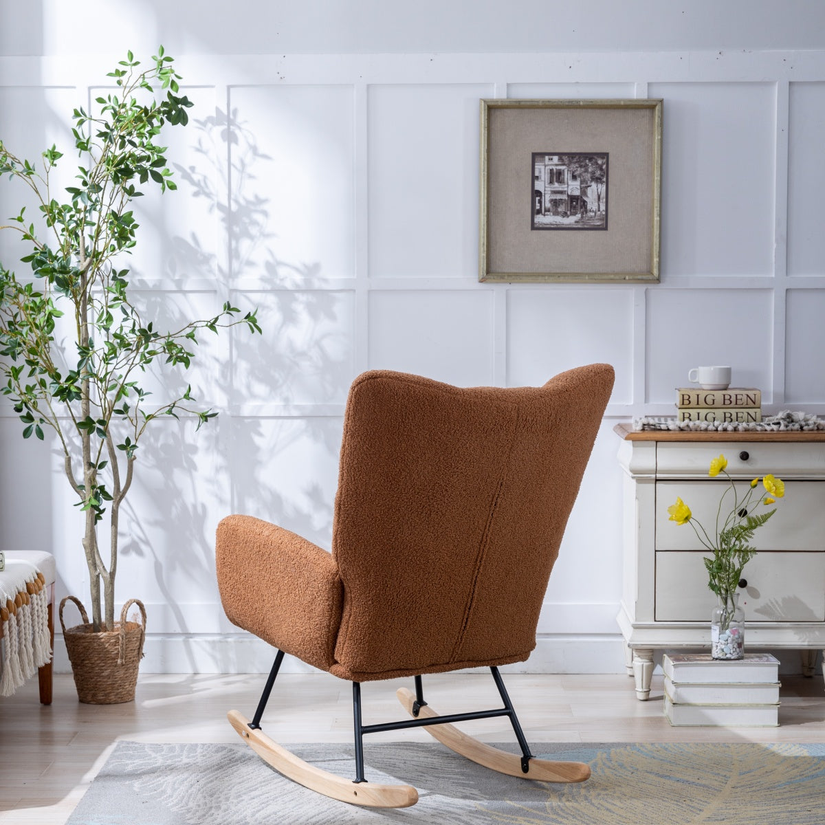 Silla de rock de tela de osito con bolsillo, Silla de rock suave para el cuarto de bebé, Silla de rock con respaldo en forma de alas cómoda con base de madera sólida segura, Sala de estar, Marrón