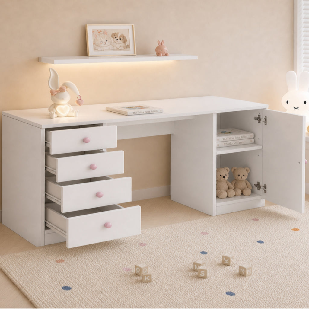 Mesa de escritorio, mesa de trabajo, mesa de computadora, con 4 cajones y una superficie de almacenamiento, muebles para niños, mesa de estudio con espacio de almacenamiento, empuñaduras de cerámica rosa, 155*45*74 cm, Blanco