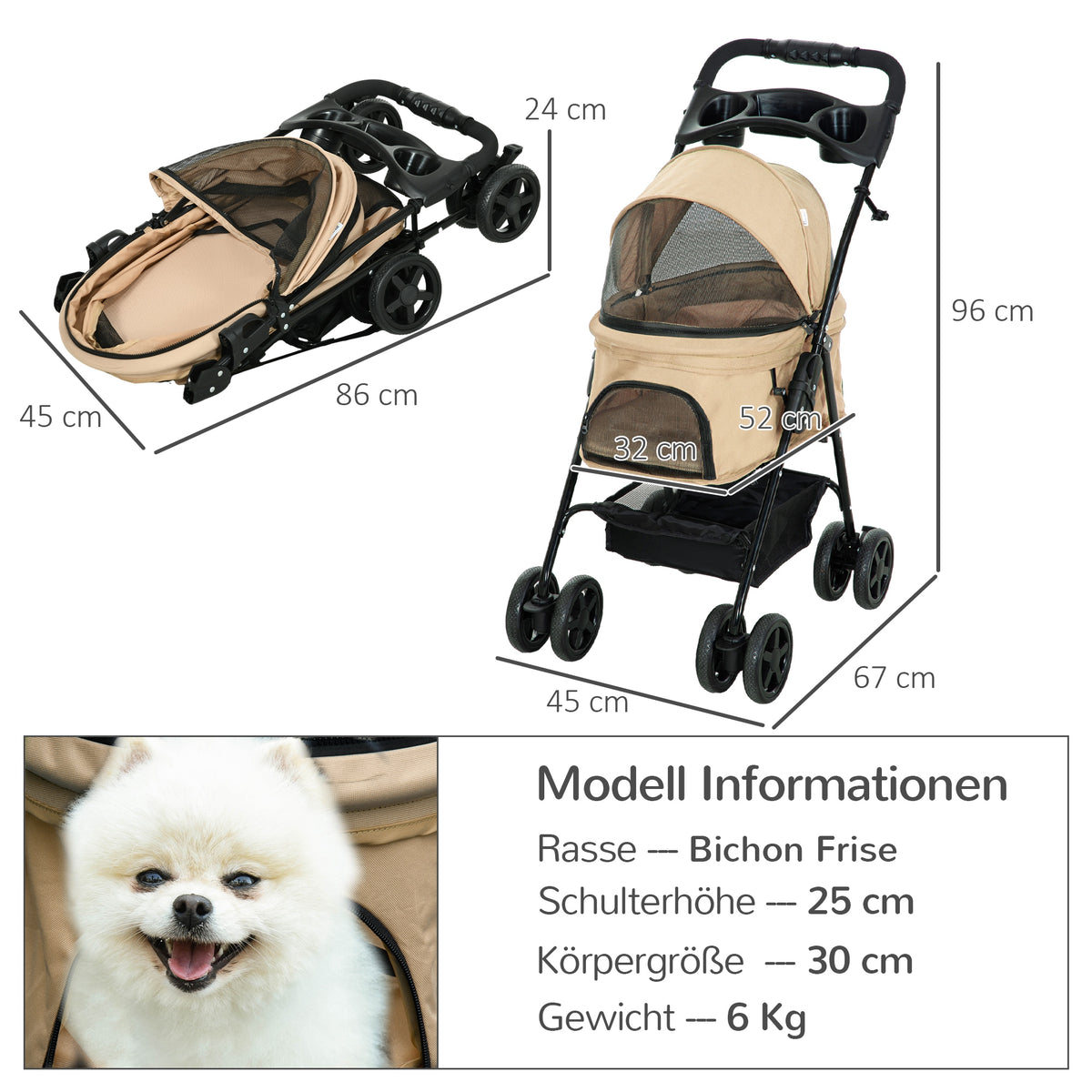 Cochecito para mascotas con función de plegado, ideal para perros y gatos pequeños, Oxford Khaki 67x45x96cm