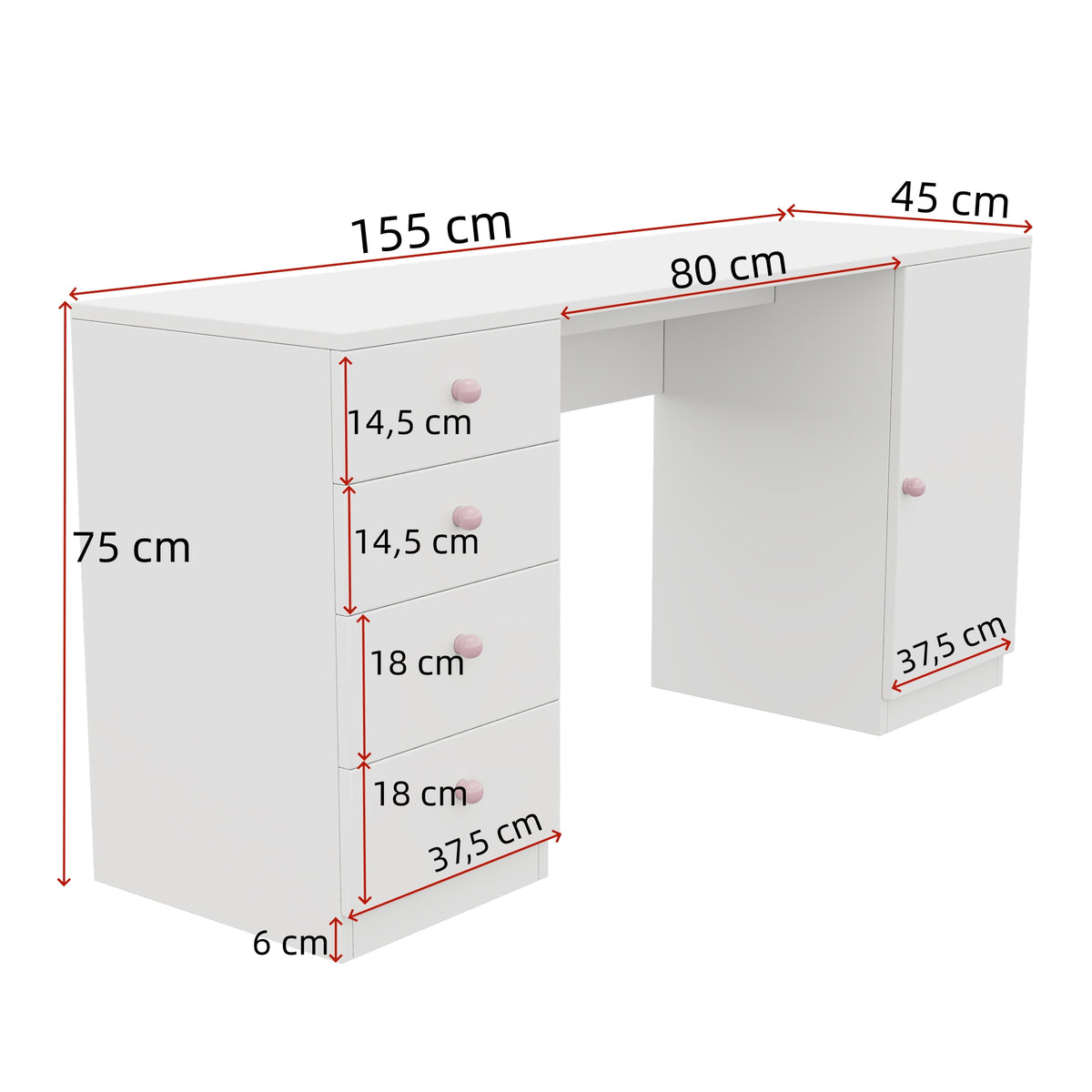 Mesa de escritorio, mesa de trabajo, mesa de computadora, con 4 cajones y una superficie de almacenamiento, muebles para niños, mesa de estudio con espacio de almacenamiento, empuñaduras de cerámica rosa, 155*45*74 cm, Blanco