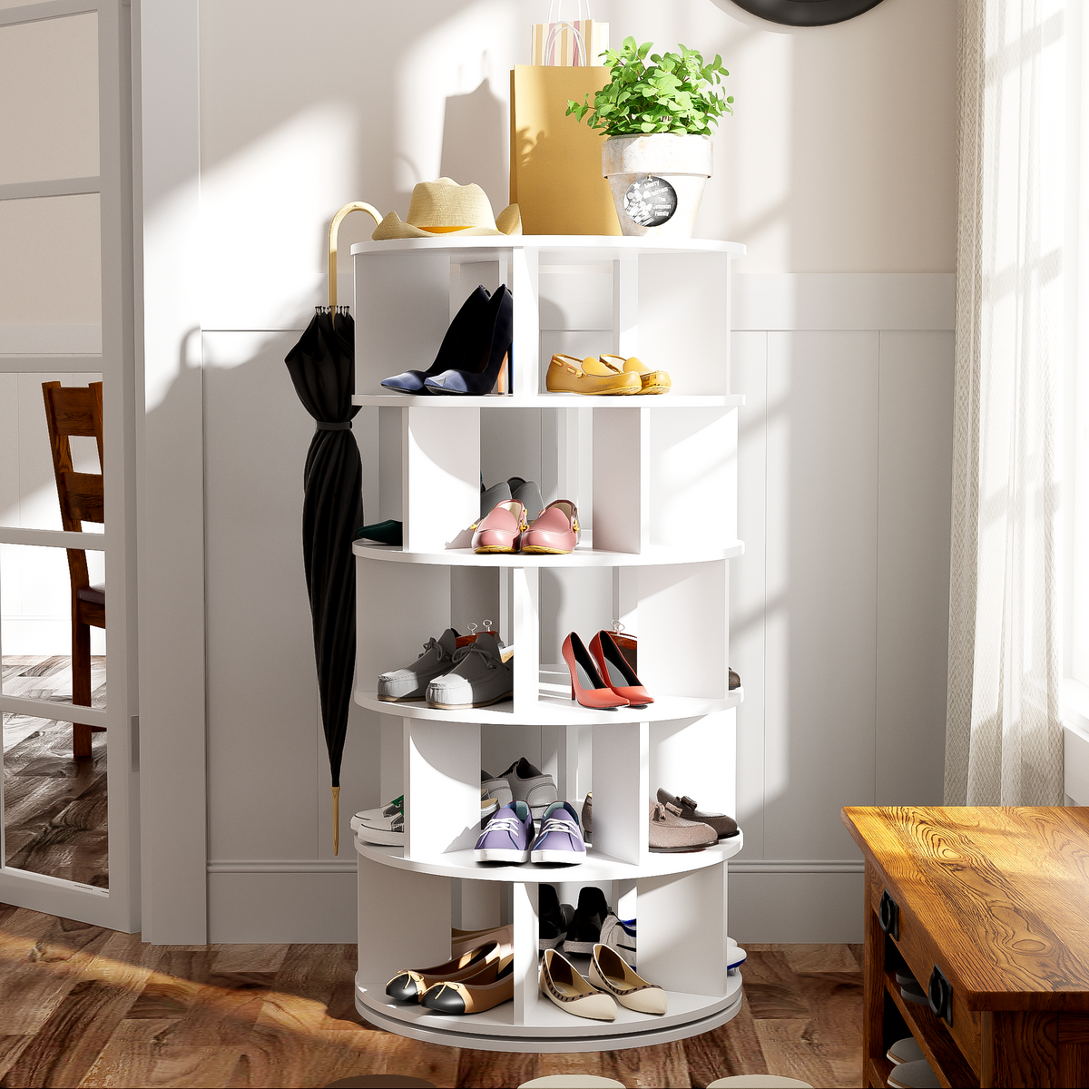 Rack para zapatos, ángulo giratorio, redondo blanco, 5 niveles, altura 115 cm, ancho 60 cm