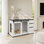 Caja para perro 2 en 1, Hoguera interior para perro, Caja para perro de madera y metal en diseño de mobiliario, como mesita de noche, para perros pequeños a medianos, 140 x 60 x 87 cm, blanca, Mesa con folio de aspecto de mármol negro