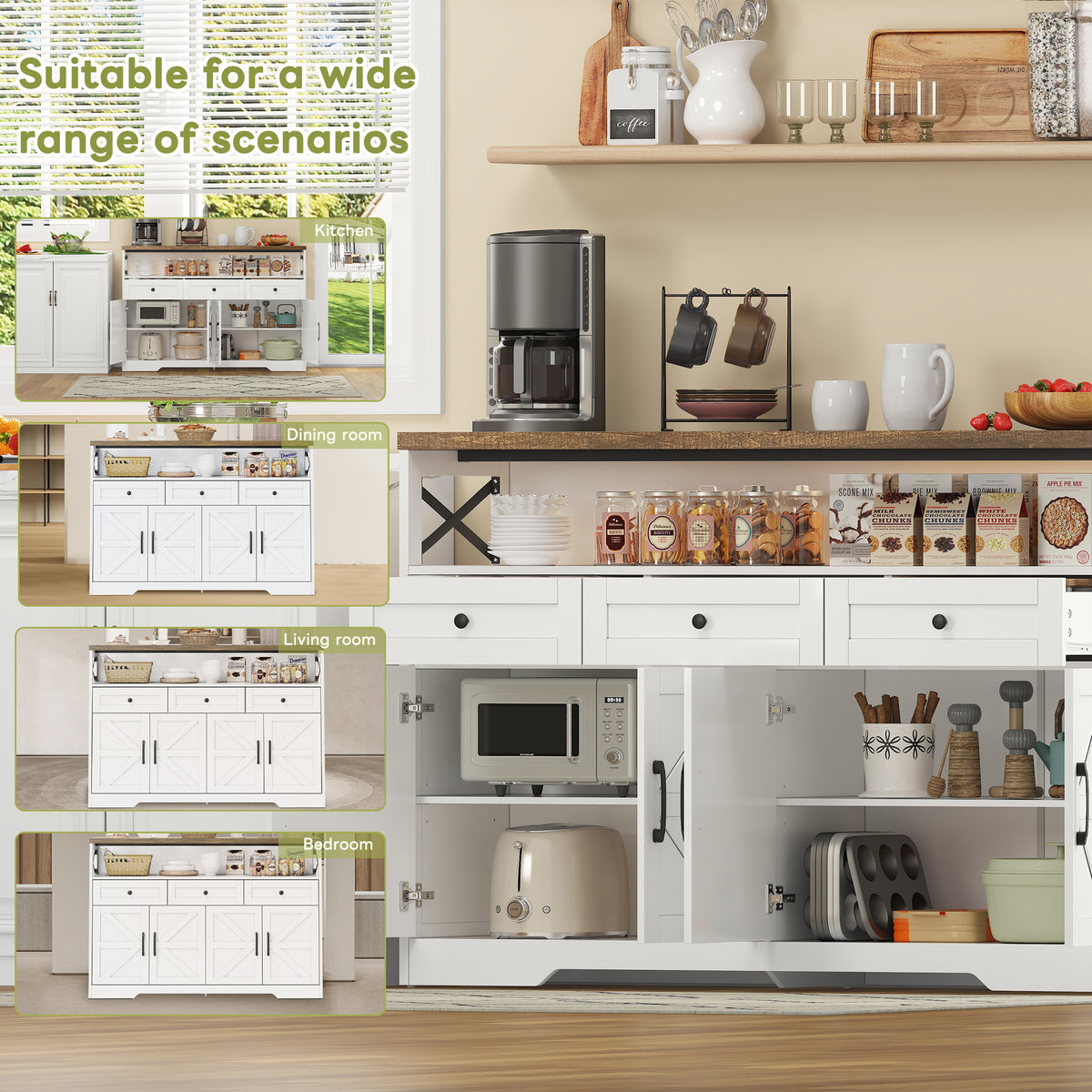 Buffet de 140 cm con espacio de almacenamiento, barra de café con 3 cajones, consola en estilo rústico con puertas, armarios con tablones de empotramiento, adecuado para la cocina, el salón, el vestíbulo, estilo rústico blanco/marrón
