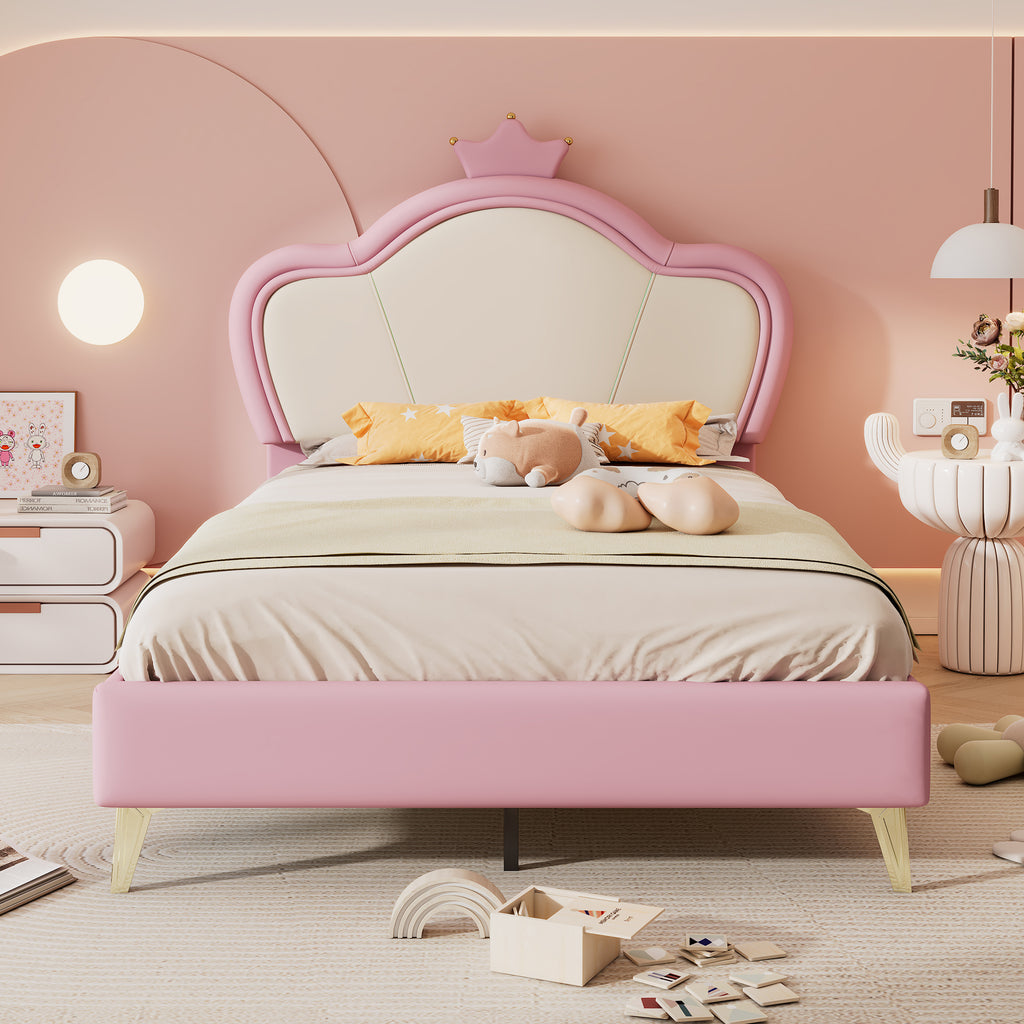 Cama de Colchón, Cama para Niños, con Bordes Suaves de Protección, Parte Superior de la Cama con Corona, Patas de la Cama de Metal, Perfil Elegante de la Parte Superior de la Cama de Colchón, Cama Individual, PU, Rosa + Blanco, 90x200cm