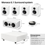 Sistema de sonido doméstico inalámbrico 5.1 Dolby Atmos (Blanco) – Set de envolvente Monaco, WISA con baja latencia para la mejora del sonido de TV sin retraso, Ideal para apartamentos y salones de estar