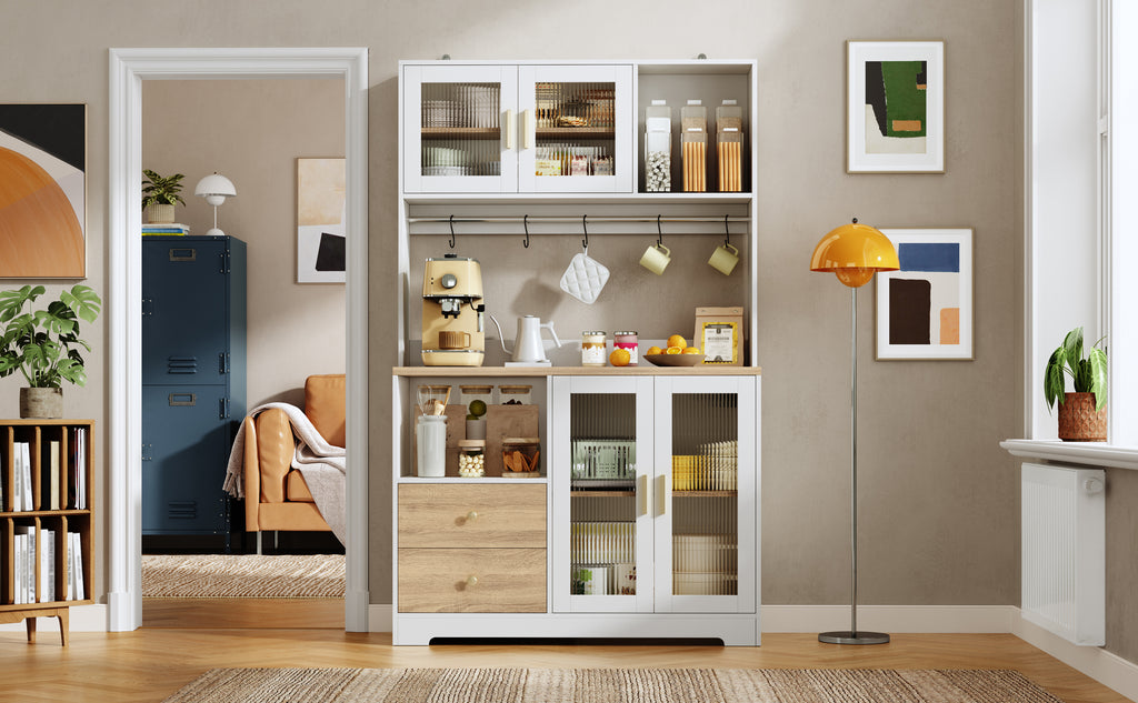 Armario de cocina de 178 cm, armario alto con LED, estante de cocina con toma de corriente, vitrina con puertas de cristal templado, estante para vinos, blanco con el aspecto de madera y placa de trabajo reforzada