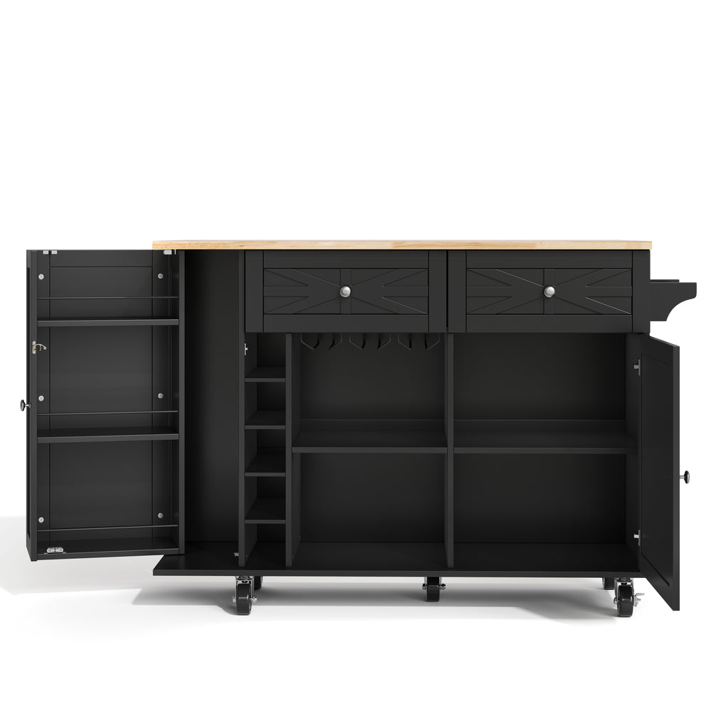Isla de cocina con placa de trabajo plegable, equipada con 5 ruedas con cierre, armario, estante para vinos y soporte para vasos, negro, 120 x 45(70) x 89 cm