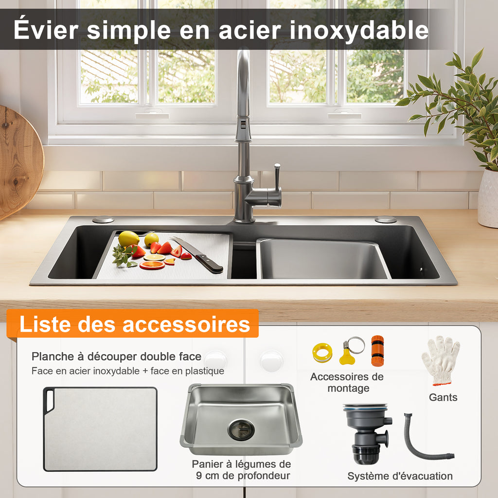 Lavabo de instalación de 75x45cm de acero inoxidable con tabla de corte, fregadero interior adicional y colador, lavabo de cocina con recubrimiento PVD, desague en cascada, construcción silenciosa y 3 tocones para accesorios