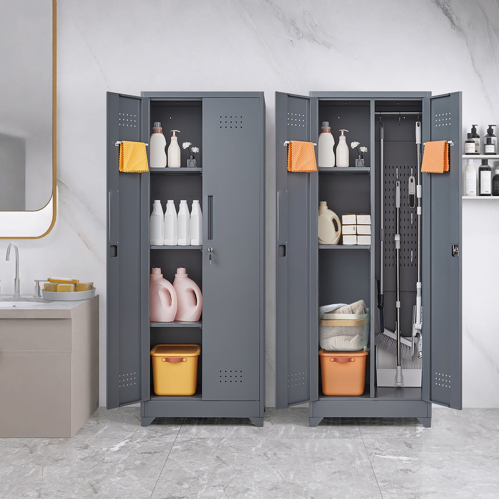Gabinet de almacenamiento para escobas con puertas con cerradura y estantes, gabinete de almacenamiento metálico de 65" de alto con varilla de colgado y anzuelos S, gabinete de almacenamiento de herramientas de limpieza