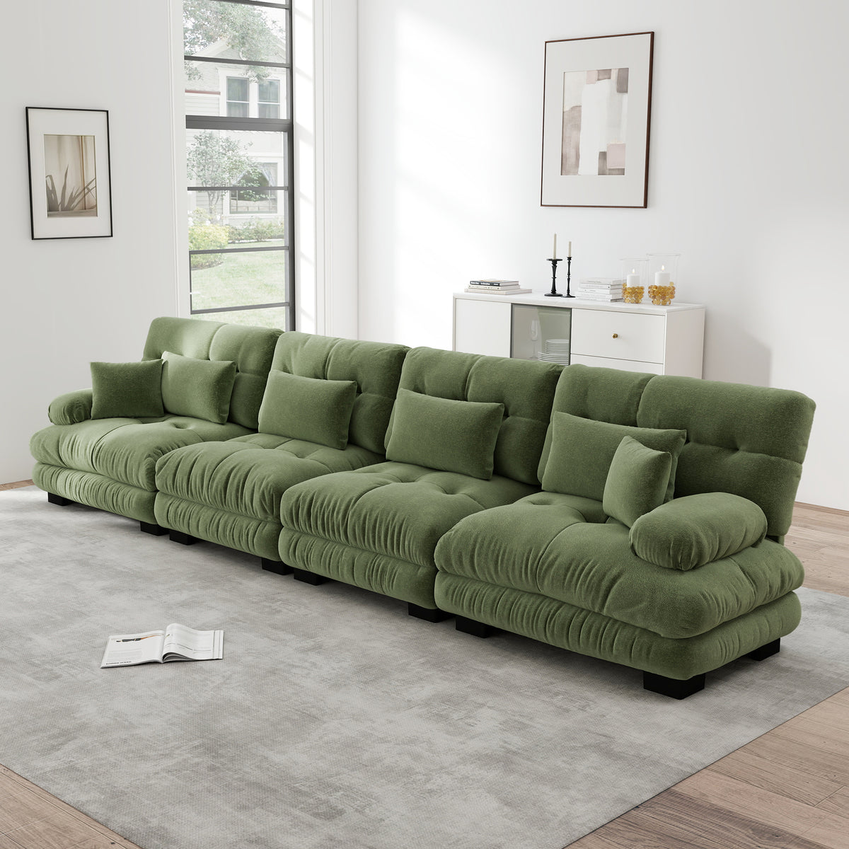 Sofá angular modular de 4 plazas con asiento profundo, sofá cama de chenille, cómodamente revestido para salón, apartamento, estudio, oficina, chenille verde