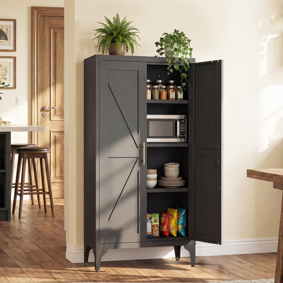Gabinet de almacenamiento metálico de dos puertas ajustable para despensa de cocina, gabinete para el salón, comedor y oficina, negro