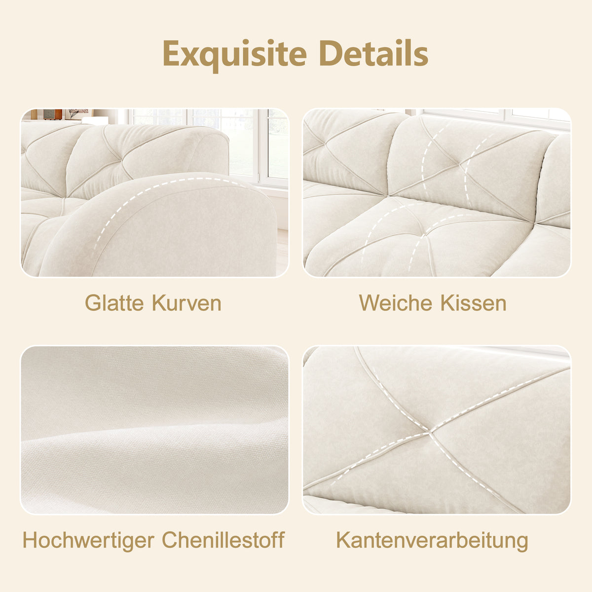 Sofá sin armazón, módulo de sofá tres plazas extra grande, hecho de cómodo material chenille, ideal para el salón, diseño antiresbaladizo, sin necesidad de montaje, color beige claro
