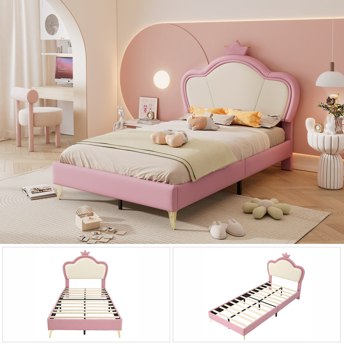 Cama de Colchón, Cama para Niños, con Bordes Suaves de Protección, Parte Superior de la Cama con Corona, Patas de la Cama de Metal, Perfil Elegante de la Parte Superior de la Cama de Colchón, Cama Individual, PU, Rosa + Blanco, 90x200cm