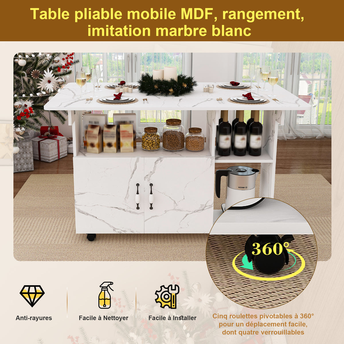 Mesa de comedor plegable rectangular móvil de 110x70x80 cm, multifuncional con 5 plataformas de almacenamiento y 5 ruedas con freno (4 fijas), ahorra espacio para cocina, casa, oficina, residencia estudiantil, estilo mármol blanco