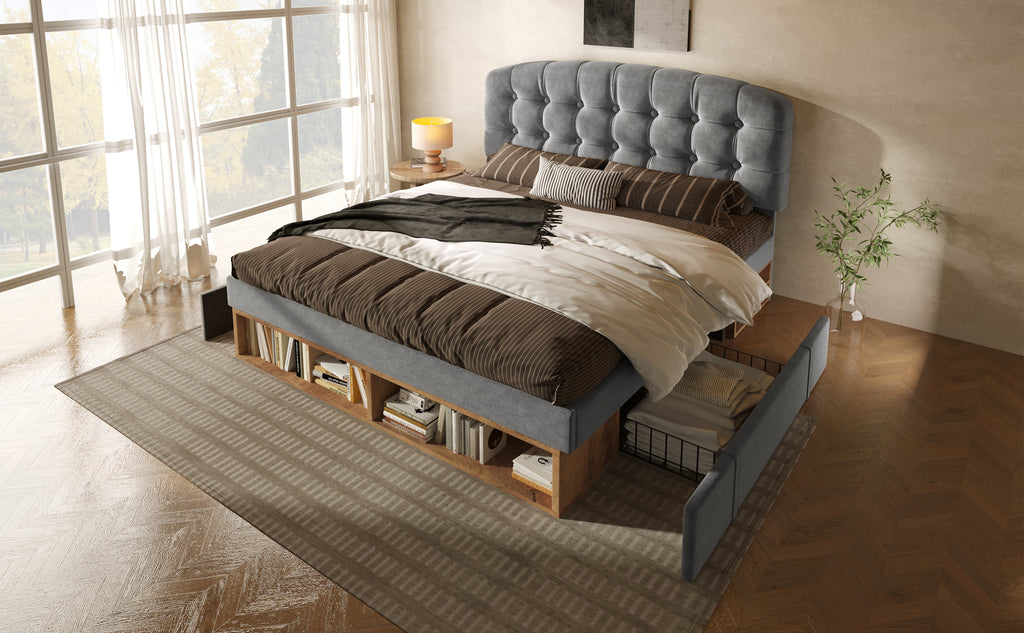 Cama Doble 140x190 cm de Lana Gris con Cajones y Cabecero Regulable – Sin Colchón