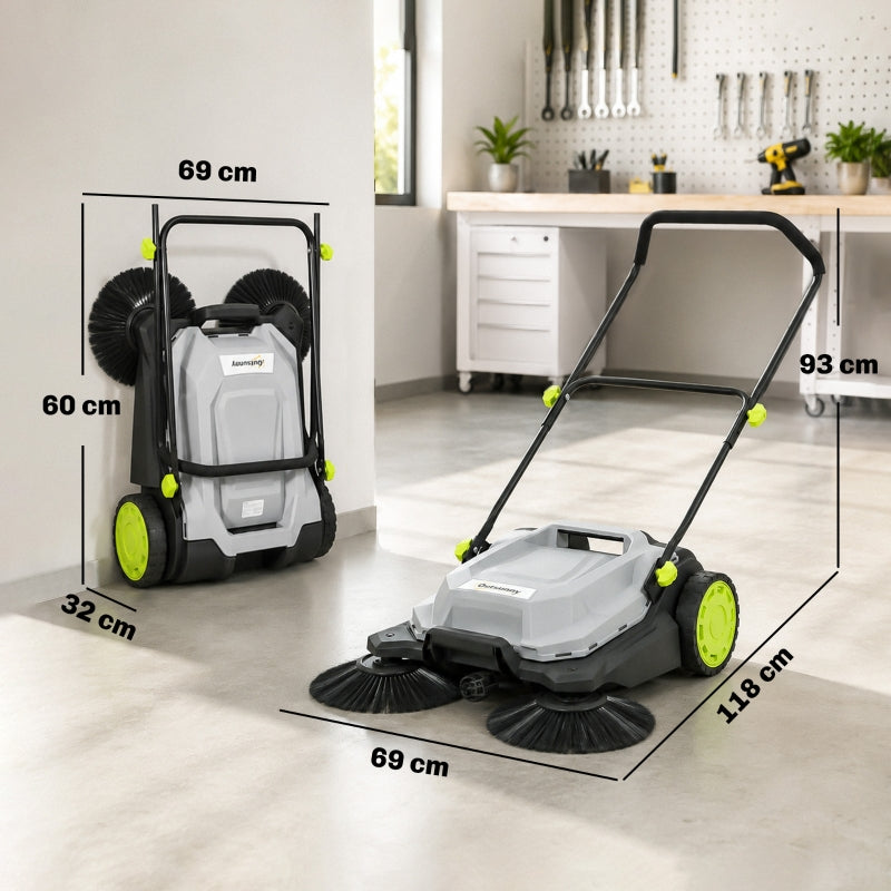 Aspiradora manual con una anchura de barrido de 68 cm, un depósito de recogida de suciedad de 24 L, mango ajustable plegable y sistema de cepillado de suelo con 3 broches