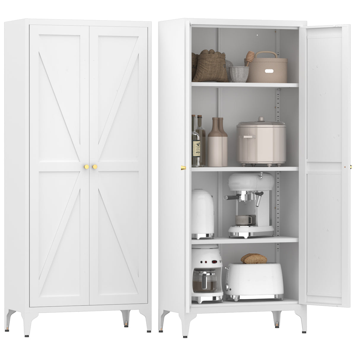 Gabineté de almacenamiento metálico de dos puertas para despensa de la cocina, con estantes ajustables, gabineté alto de acero para la cocina, salón, comedor y oficina, blanco