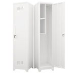 Gabineté de almacenamiento para limpieza de metal esbelto y blanco con puerta cerradora, estantes y barra de colgado, 65" de alto, organizador de utilidades para la cocina, despensa, oficina, taller y garaje
