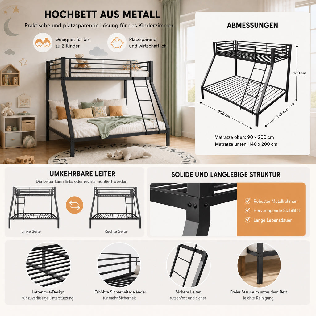 Cama bunk Metal 90/140 x 200 cm – Cama familiar y bunk con protección contra caídas, escalera segura y rejilla, construcción estable, silenciosa, para niños, jóvenes y adultos, Negro