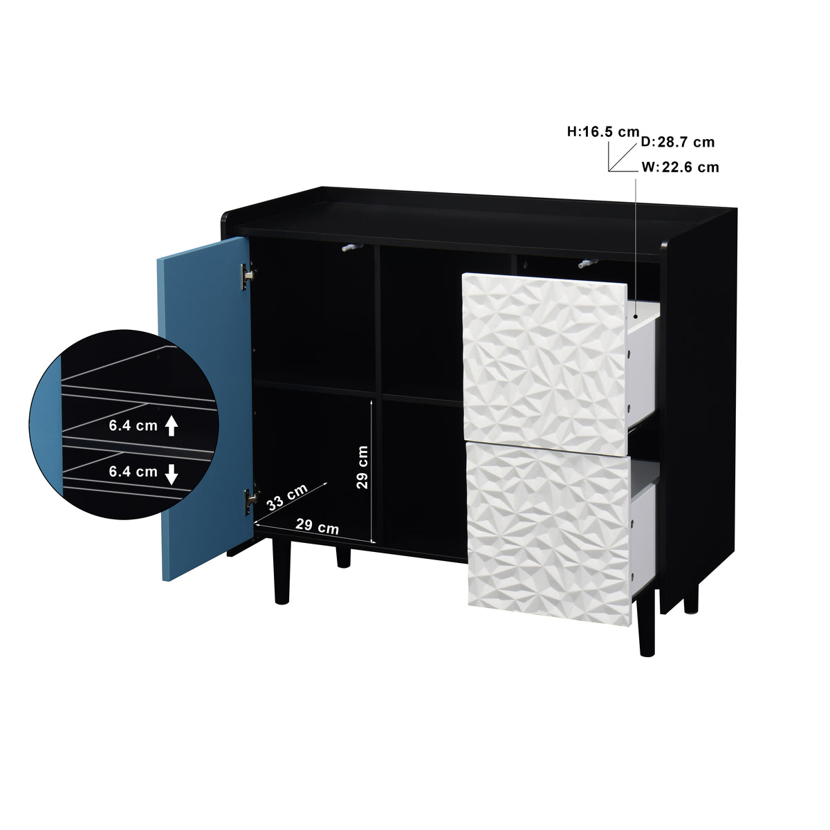 Gabinet de buffet, armario negro con puertas azules, 2 cajones con panel único y 2 compartimientos de almacenamiento abiertos, gabinete de bar de café moderno, armario de acento para la cocina, comedor