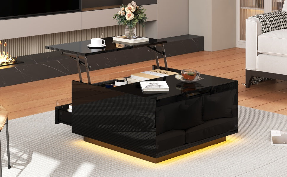 Mesón de salón de 70*70*38cm, Mesón de café elevador con tira de luz LED, Sofático con 1 cajón, Mesón auxiliar de alta brillantez con espacio de almacenamiento oculto y puertas con abertura superior, Negro