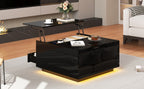 Mesón de salón de 70*70*38cm, Mesón de café elevador con tira de luz LED, Sofático con 1 cajón, Mesón auxiliar de alta brillantez con espacio de almacenamiento oculto y puertas con abertura superior, Negro