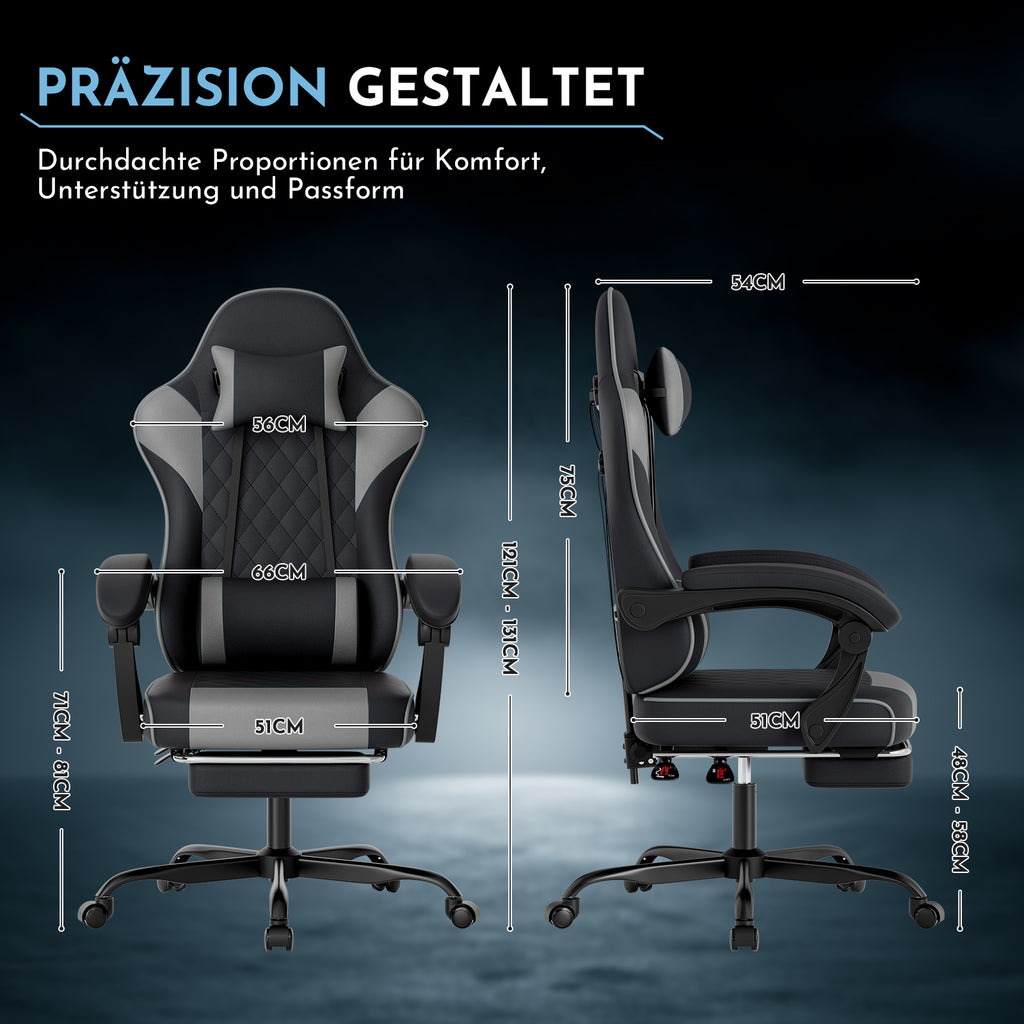 Silla de gaming para PC, silla de oficina con soporte lumbar, cabeza ajustable y brazos reclinables, silla de escritorio ergonómica con apoyo para los pies, ajustable de 90° a 145°, silla de oficina para hombre/mujer