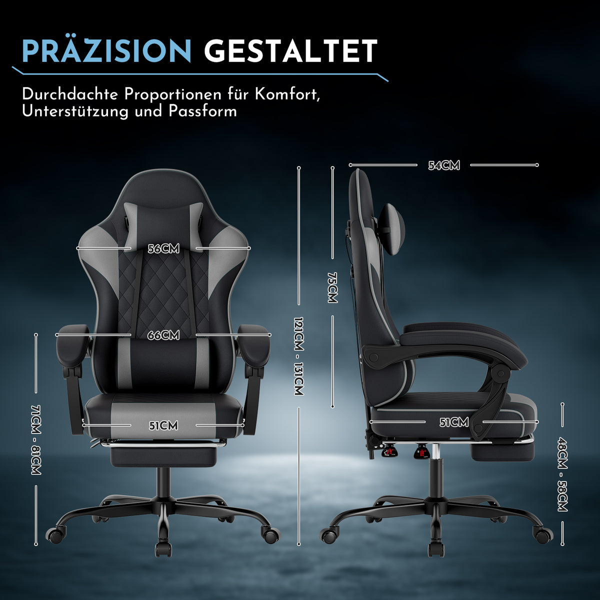 Silla de gaming para PC, silla de oficina con soporte lumbar, cabeza ajustable y brazos reclinables, silla de escritorio ergonómica con apoyo para los pies, ajustable de 90° a 145°, silla de oficina para hombre/mujer