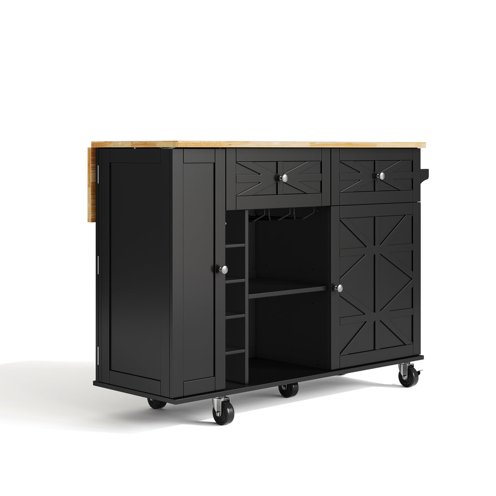 Isla de cocina con placa de trabajo plegable, equipada con 5 ruedas con cierre, armario, estante para vinos y soporte para vasos, negro, 120 x 45(70) x 89 cm