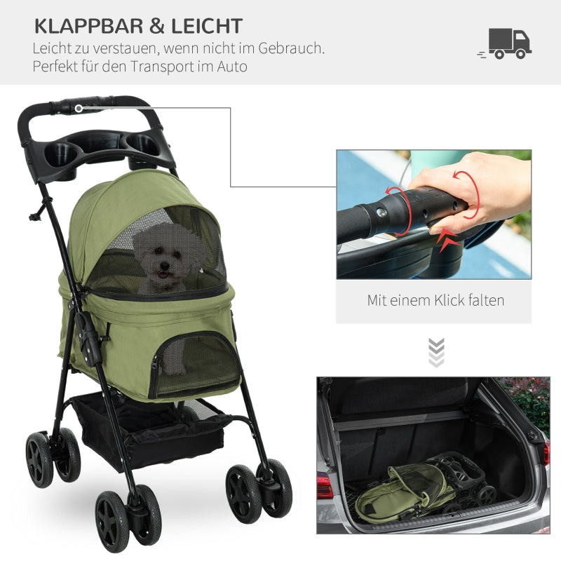 Cochecito para mascotas, plegable, 2 correas de seguridad, 2 porta-bebidas, 67 x 45 x 96 cm, Verde