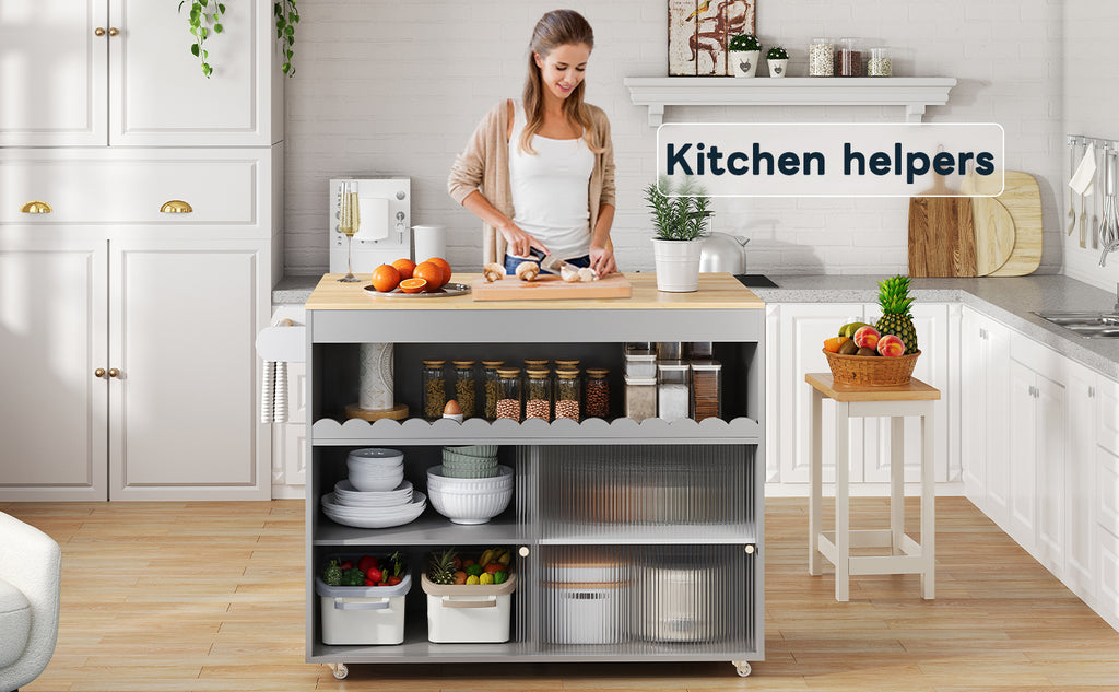 122 x 46(69) x 91 cm, Cocina con isla plegable, Mesón de trabajo de madera de roble, Puertas correderas de cristal templado, Tableros de empotramiento ajustables, Anclaje para toallas, Gran Cocina con isla