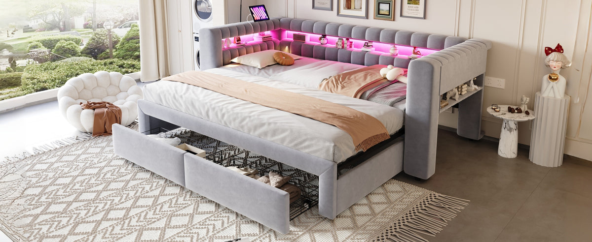 Sofá cama con cojines 90/180 × 190 cm, con cama extraíble y cajones, estantes integrados, iluminación LED, conectores USB y Typ-C, tela de seda gris claro