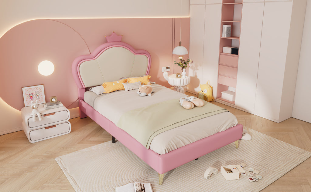 Cama de Colchón, Cama para Niños, con Bordes Suaves de Protección, Parte Superior de la Cama con Corona, Patas de la Cama de Metal, Perfil Elegante de la Parte Superior de la Cama de Colchón, Cama Individual, PU, Rosa + Blanco, 90x200cm
