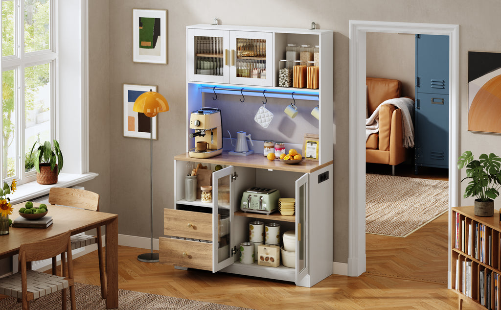 Armario de cocina de 178 cm, armario alto con LED, estante de cocina con toma de corriente, vitrina con puertas de cristal templado, estante para vinos, blanco con el aspecto de madera y placa de trabajo reforzada