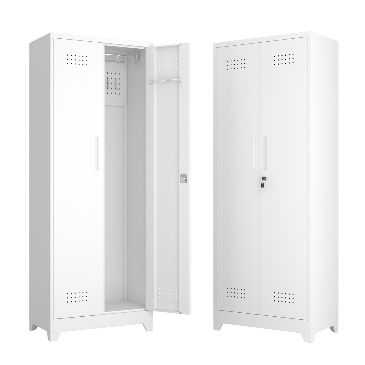 Gabinet de almacenamiento para herramientas de limpieza de 65" de color blanco con puertas con cerradura, estantes, varilla de colgado y anzuelos S