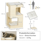 Tonera para gato, casa para gato, 2 niveles, incluye juguete, 34 cm x 34 cm x 60 cm, Natural + Gris claro