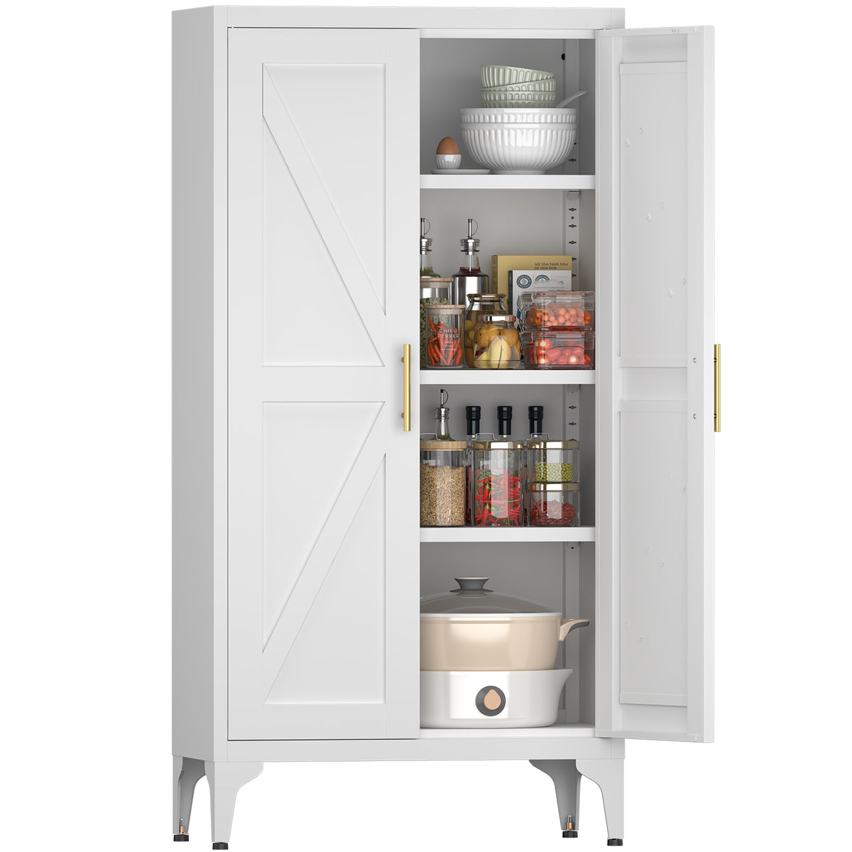 Gabinet de almacenamiento metálico de 2 puertas ajustable para despensa de la cocina, gabinete de despensa con estantes ajustables, todo de acero, para la cocina, el salón, el comedor y la oficina, blanco