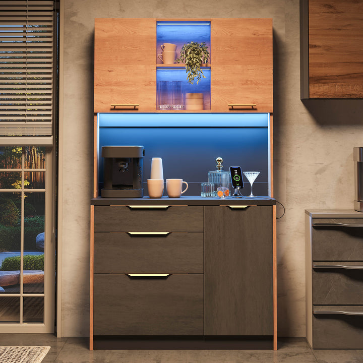 Armario alto de cocina de 100 × 40 × 180 cm, estilo betón, placa de trabajo negra, iluminación LED ajustable, toma de corriente europea, adecuado para cocinas, salones de estar, apartamentos, etc.