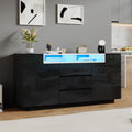 140*40*68cm Sideboard para el salón con 2 puertas en forma de L, armario para el salón con tabiques ajustables y luces LED, armario con lustre con 3 cajones, cómoda, negro